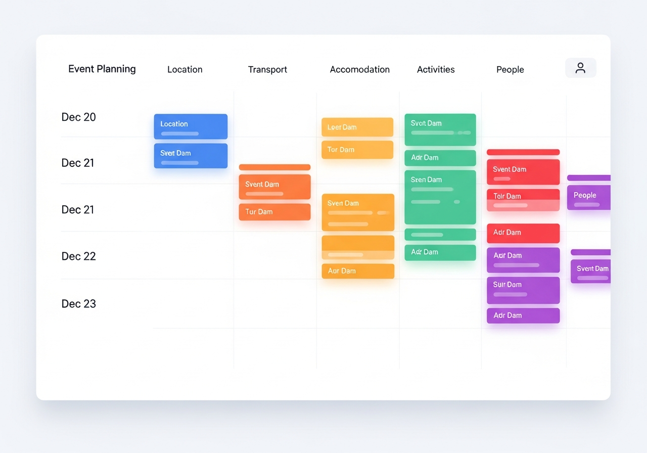 Timeline planning interface showing events organized in streams